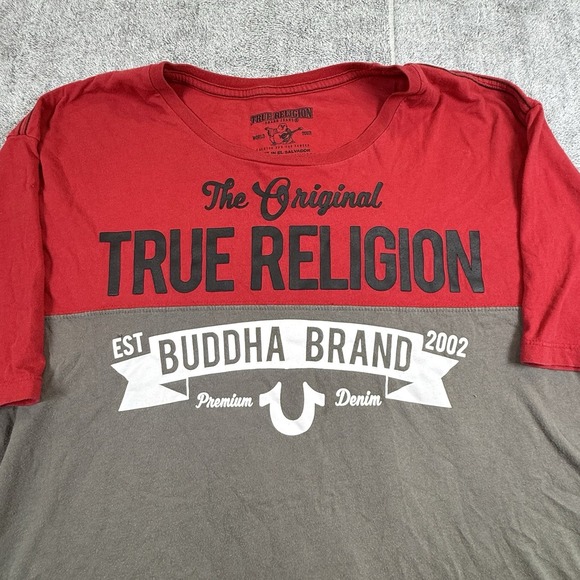 True Religion XXL Colorblock‎ T-Shirt Red Gray Black Buddha Brand Graphic Y2K - Picture 1 of 6